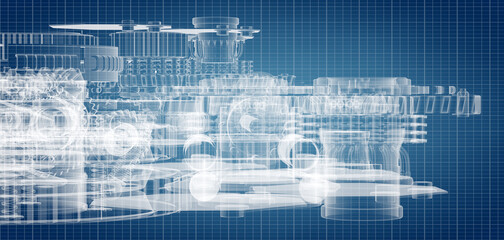 Blueprint project of engine design with gears