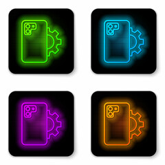 Glowing neon line Phone repair service icon isolated on white background. Adjusting, service, setting, maintenance, repair, fixing. Black square button. Vector