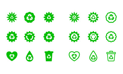 Green recycle icon set. Solid and outlined web icons.