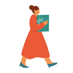 Person carries a gift. Vector hand drawn character in flat cartoon style.