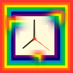 Daylight saving time concept. Clock hands on the rainbow color block background. Seasonal time change.  Copy space. 