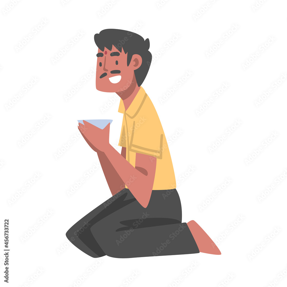 Canvas Prints Indian Man Character Sitting on the Floor with Bowl Having Meal Vector Illustration