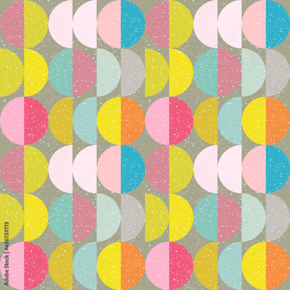 Poster Modern vector abstract seamless geometric pattern with semicircles and circles in retro scandinavian style. Pastel colored colorful shapes with worn out texture .