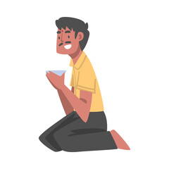 Indian Man Character Sitting on the Floor with Bowl Having Meal Vector Illustration