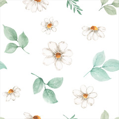 Watercolor seamless pattern flower and leaves on a white background