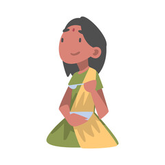 Indian Little Girl Wearing Sari with Bindi Sitting on the Floor with Bowl Having Meal Vector Illustration