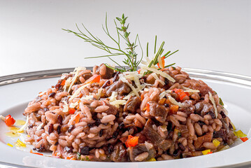 Typical Brazilian food: Rice, black beans, minced meat and spices.