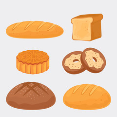 a set of different breads. Icons of rye, whole grain, baguette, toast bread, biscuits