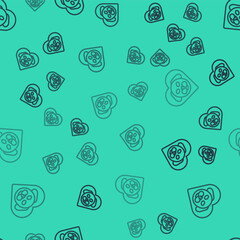 Black line Heart with dog icon isolated seamless pattern on green background. Pet paw in heart. Love to the animals. Vector
