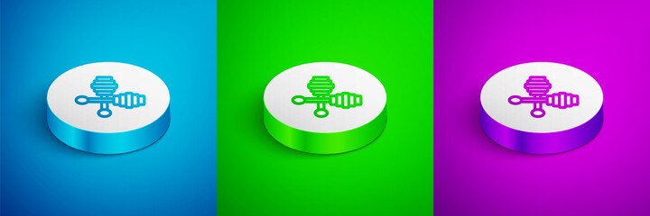 Isometric line Honey dipper stick icon isolated on blue, green and purple background. Honey ladle. White circle button. Vector