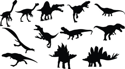 Dinosaurs and Jurassic Dino monsters Vector silhouette of triceratops or T-rex, brontosaurus or pterodactyl and stegosaurus, pteranodon or ceratosaurus and parasaurolophus reptile Set 03