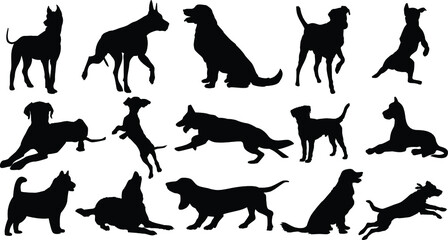 Dog silhouette Set 02 walking and standing . Shepherd, beagle, great dane, dachshund, poodle, pit bull. . Vector black flat icon isolated on white background.