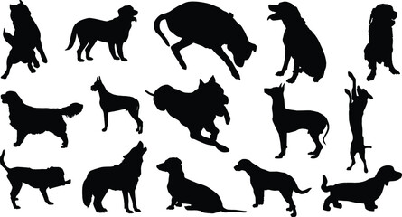 Dog silhouette Set 03 walking and standing . Shepherd, beagle, great dane, dachshund, poodle, pit bull. . Vector black flat icon isolated on white background.