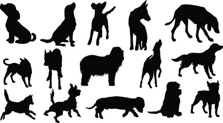 Dog silhouette Set 04 walking and standing . Shepherd, beagle, great dane, dachshund, poodle, pit bull. . Vector black flat icon isolated on white background.