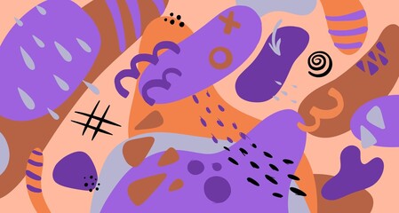 Creative doodle art header with different shapes and textures in purple, brown, blue, black colors. Collage. Vector