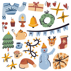 Fototapeta premium Winter season flat illustrations set. Isolated on white. Merry, joy, Christmas tree, xmas, bell, socks, rabbit, deer, santa, gifts, scarf. Winter cute doodle collection.
