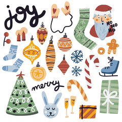Winter season flat illustrations set. Isolated on white. Merry, joy, Christmas tree, xmas, bell, socks, rabbit, deer, santa, gifts, scarf. Winter cute doodle collection.