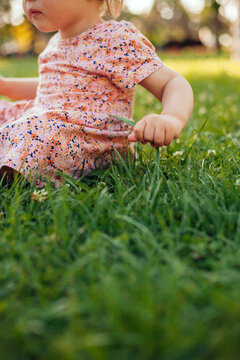 child sitting in the park and playing with the grass. green life concept