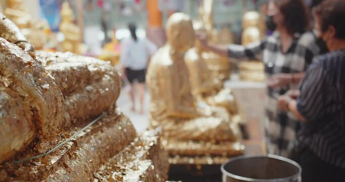 Asian Buddhist People Praying To The Buddha At Thai Temple On Holidays With Protective Face Mask Covid-19 , Spiritual Religious Healthcare Concept, Shifting Focus