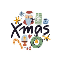 Winter postcard isolated on white. Cute seasonal elements, Christmas tree, star, candle, santa, gifts, deer. Hand drawn cartoon flat illustration