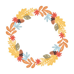 Round frame with autumn leaves, Thanksgiving day wreath isolated on white background. Vector illustration