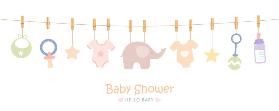 baby shower welcome greeting card for childbirth with hanging utensils