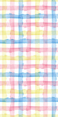 Plaid Watercolor Abstract Yellow Pink Blue Stripes Background. Cool Seamless Check Pattern for Fabric Textile and Paper. Simple Hand Painted Stripe