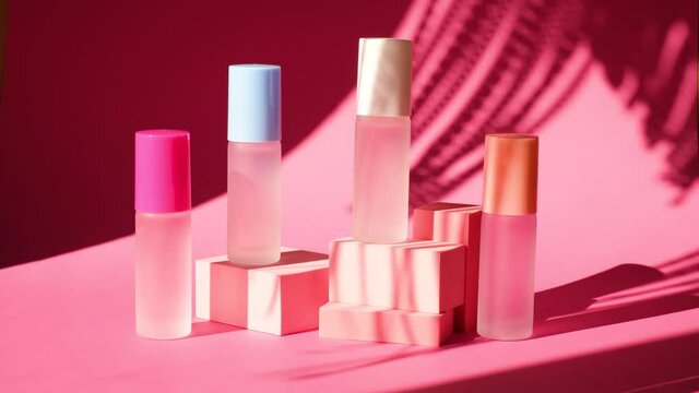 shade from a swaying palm leaf on several spray glass bottles with perfume on pink geometric podiums, composition for perfume presentation, four perfume bottles on stage, pink background