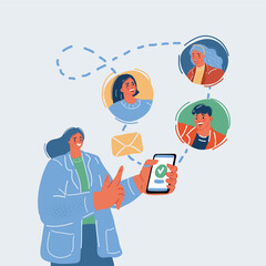 Vector illustration of woman holds the smartphone in her hand and sending messages to friend via messenger chat app.
