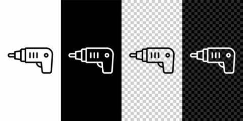 Set line Electric cordless screwdriver icon isolated on black and white, transparent background. Electric drill machine. Repair tool. Vector
