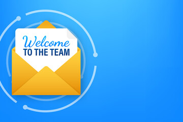 Icon with welcome team for banner design. Business communication vector banner. Cartoon font.