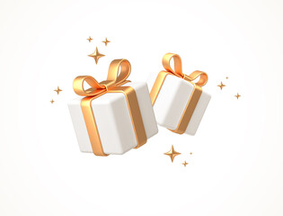 Gift boxes isolated on white. 3d white gift boxes with golden ribbon and bow. Birthday celebration concept. Vector illustration. - obrazy, fototapety, plakaty