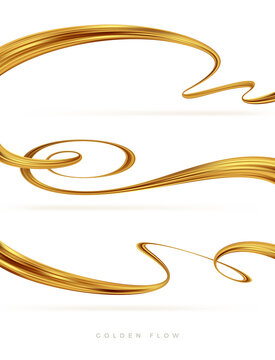 Set of golden flow wave. Golden paint brush stroke. Luxury flow design element. Abstract gold ribbon. Vector illustration.