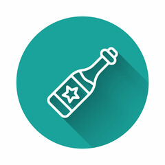 White line Champagne bottle icon isolated with long shadow background. Merry Christmas and Happy New Year. Green circle button. Vector