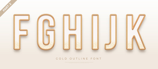 Realistic gold metal font. Golden ouline font. Metallic 3d typeface. English alphabet. Vector illustration.