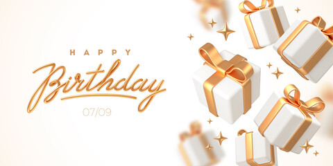 Birthday greeting design. Background with 3d white gift boxes with golden ribbon and bow. Birthday celebration concept. Vector illustration.