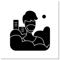 Smog glyph icon. Man in face respirator. Industrial emissions, air pollution. Greenhouse effect. Environment pollution and ecology damage.Filled flat sign. Isolated silhouette vector illustration
