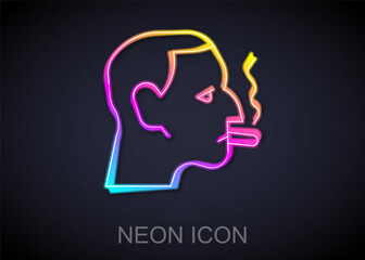 Glowing neon line Man smoking a cigarette icon isolated on black background. Tobacco sign. Vector