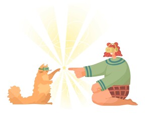 Helmet Virtual reality. Vector illustration. Girl and cat. Flat style.