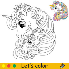Cute mom and baby unicorns coloring book page © alinart