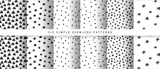 Set with Six Simple seamless patterns. Vector illustration. Unique shapes.