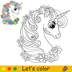 Cute head of unicorn with flowers coloring book page © alinart
