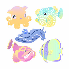 Cute Baby Sea animals isolated on white background. Vector illustration.
