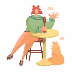 Girl is making podcast content with cat. Vector illustration. Social media recurses.