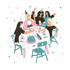 Five girls celebrating birthday. People are sitting around circle table. New year, christmas, holiday.