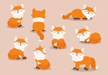 Cartoon Foxes set in different poses. Vector Forest fox animal sits, lies, turned back and smiles. Orange fox collection for baby or child clothes, fabric, textile and more. Autumn fox clipart design
