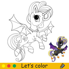 Cute unicorn with wings coloring book page Halloween