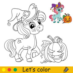 Cute witch unicorn coloring book page Halloween © alinart