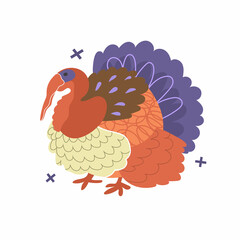 Big multicolored turkey. Isolated on white background. Flat, cartoon,