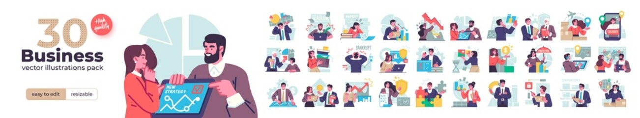 Business Concept illustrations. Mega set. Collection of scenes with men and women taking part in business activities. Vector illustration